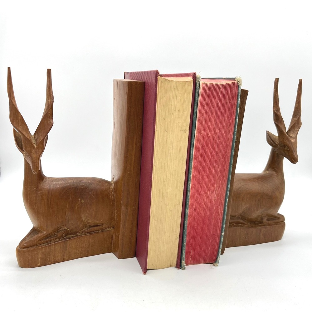 Vintage‎ Besmo Kenya Hand Carved Wood Gazelle Antelope Bookends Mid Centurny